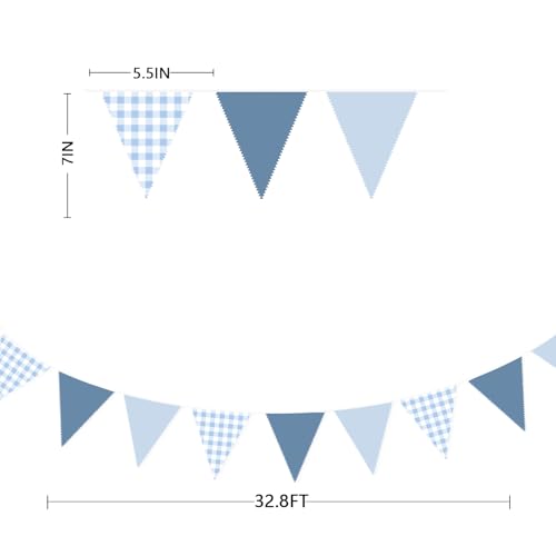32ft Dusty Blue Gingham Fabric Pennant Banner - Reusable Triangle Flag Garland