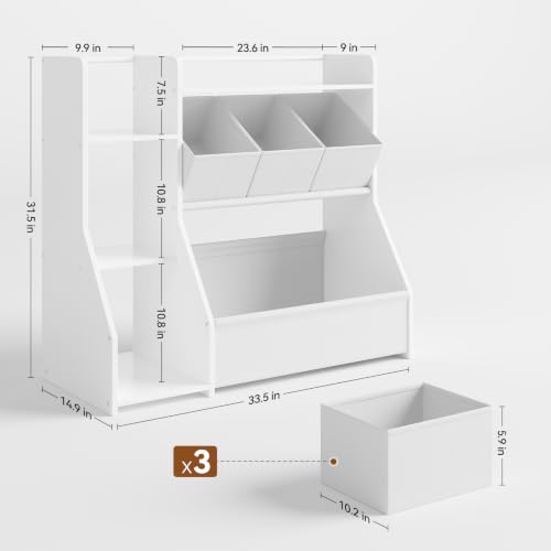 Kids Toy Storage Organizer with 3-Tier Bookshelf and Removable Bins
