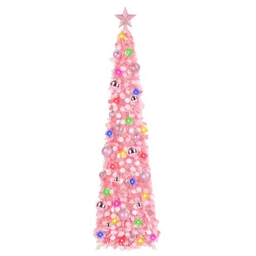 Pink 5ft Collapsible Christmas Tree with Lights, 30 Ornaments & Star Topper - Holiday Decor