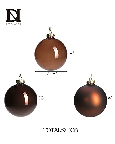9-Piece Brown Glass Christmas Ornament Set, 3.15-Inch Hanging Baubles
