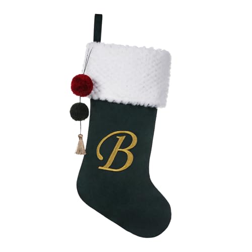 Personalized Velvet Christmas Stocking with Embroidered Letter B - 19.5 Inch Green