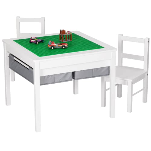 UTEX Kids Construction Play Table & Chairs Set - White with Gray Drawer, 2-in-1 Toddler Activity Table for Building & Creative Play