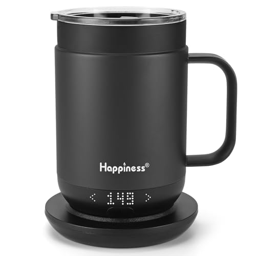 Happiness 16oz Self-Heating Coffee Mug with Temperature Control & Spill-Resistant Lid - Black