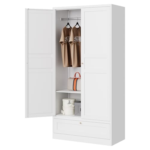 72-inch Metal Wardrobe Closet with Drawer, Adjustable Shelves and Hanging Rod