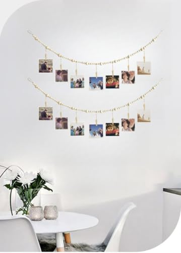 2PCS Boho Hanging Photo Display with Wood Beads and Clips, 47.2-inch Wall Decor