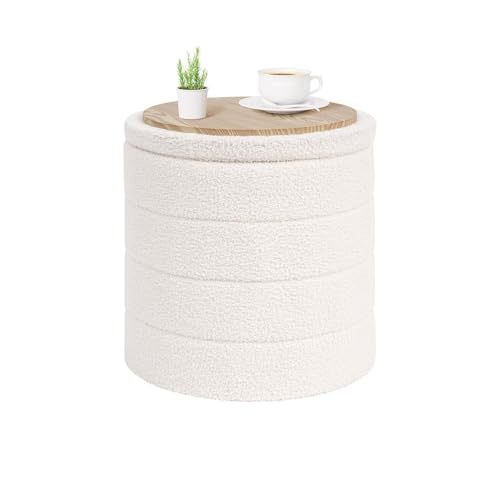 Round Folding Storage Ottoman with Wooden Tray, Boucle Foot Rest Stool