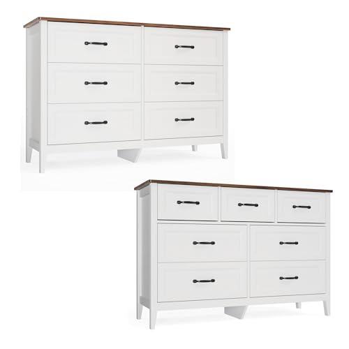 6 and 7 Drawer Bedroom Dresser Set, White Wood Chest with Rustic Top