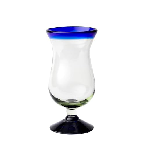 Handblown Mexican Glass Hurricane with Cobalt Rim - Set of 6, Eco-Friendly, Lead-Free