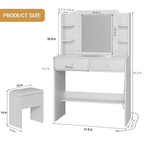 Makeup Vanity Desk Set with LED Mirror, Charging Station and Stool