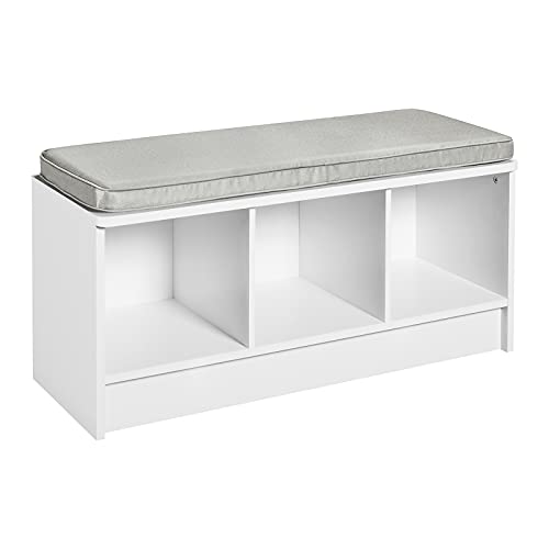 3-Cube Storage Bench with Gray Cushion, White Laminate Entryway Organizer