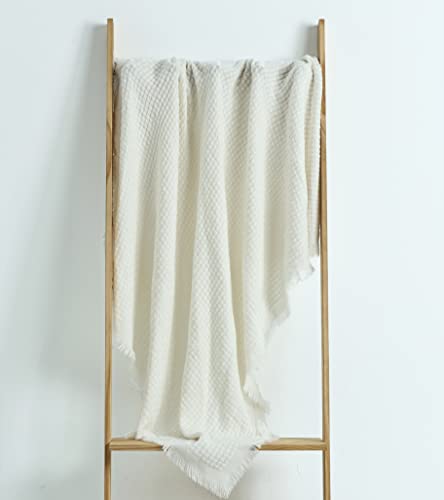 Boho Knitted Throw Blanket with Tassels, Soft Geometric Cream Throw 50x60