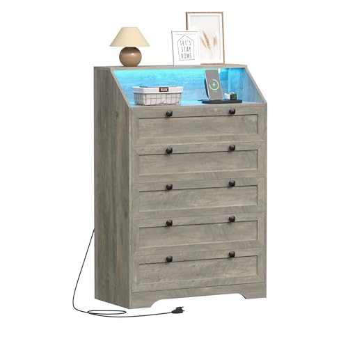 5-Drawer Tall Dresser with LED Lights, Charging Station, and Storage