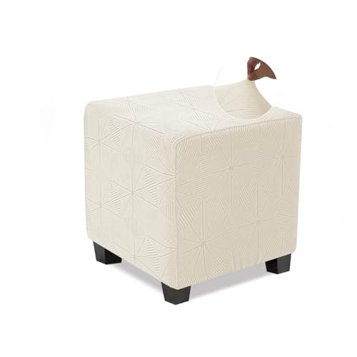 Small Square Ottoman Cover - Stretch Jacquard Slipcover, Beige
