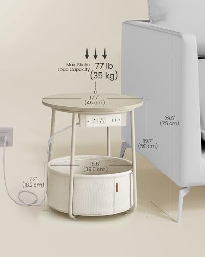 Round Side Table with Charging Station and Fabric Storage Basket