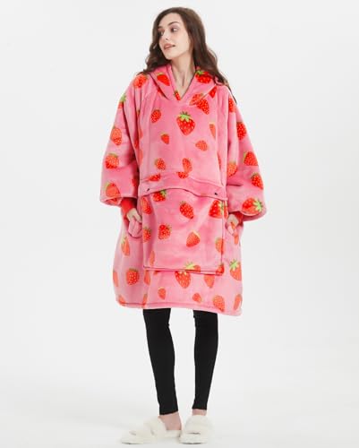 Oversized Strawberry Wearable Blanket Hoodie with Sherpa Lining