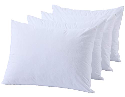 Waterproof Queen Pillow Protectors, Cotton Terry Zippered Encasement - 4 Pack
