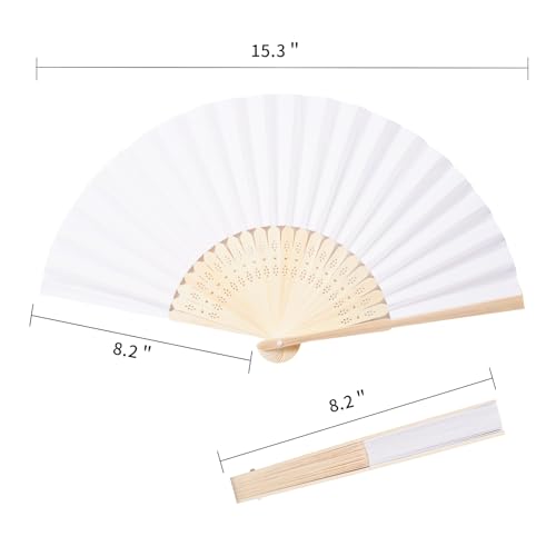 50-Pack White Bamboo Paper Folding Fans for Weddings and DIY Crafts