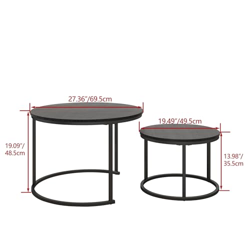 Round Nesting Coffee Table Set of 2, Wood and Metal Stackable Side Tables
