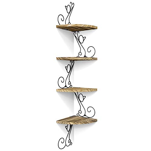 4-Tier Cat Shaped Floating Corner Shelf - Rustic Wood Wall Mount Storage