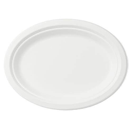 Restaurantware Pulp Safe No PFAS Added 10.4 x 7.8 Inch Medium Oval Plates 100 Disposable Plates - Home Compostable Microwavable And Freezable White Bagasse Plates For Hot And Cold Foods