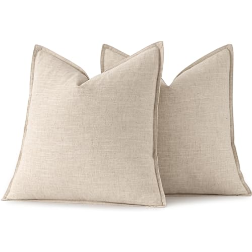 MIULEE Linen Euro Sham Pillow Covers 24x24 Natural Beige Boho Farmhouse Set of 2