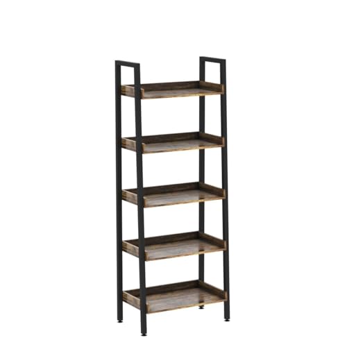 5-Tier Industrial Ladder Shelf - 67 Inch Tall Wooden Open Bookcase