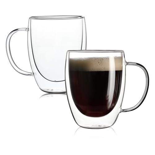 Aurzen 2 Pack 12oz Double Walled Glass Coffee Mugs with Handles, Insulated Borosilicate Drinkware, Microwave Safe