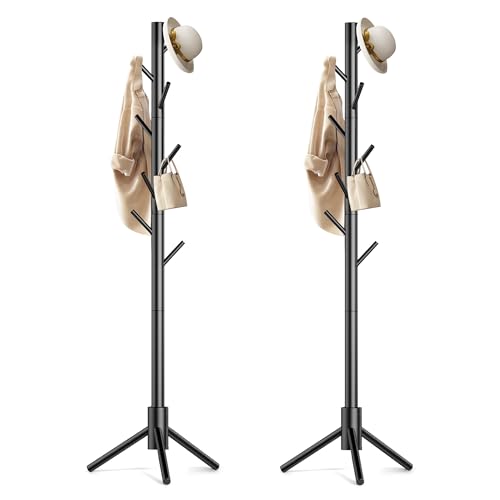 Wooden Coat Rack Stand with 8 Hooks - Adjustable Freestanding Coat Tree for Entryway, Bedroom, Office