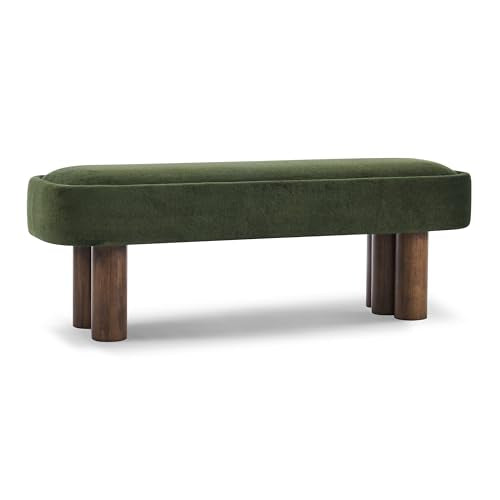 Upholstered Dining Bench, Olive Green Fabric Entryway Bench with Walnut Legs