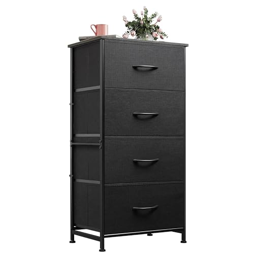 4-Drawer Fabric Storage Dresser Tower, Small Nightstand - Charcoal Black
