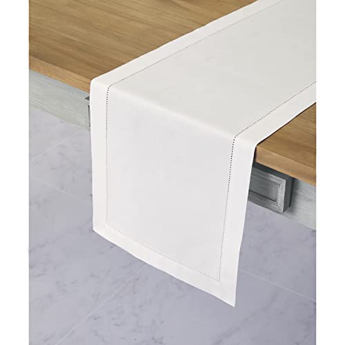 Solino Home Cotton Linen Table Runner White Hemstitch 14 x 132 in - Handmade, Machine Washable
