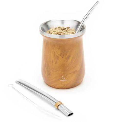 BALIBETOV Wooden Mate Kit with Cup, 2 Bombillas & Cleaning Brush - Insulated Stainless Steel