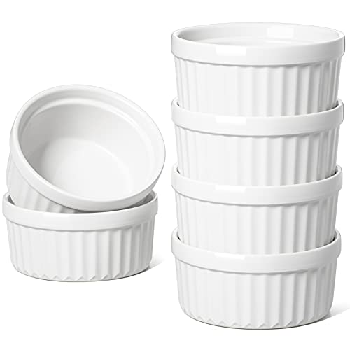 Ceramic Ramekins Set of 6 - 4 oz Oven Safe Crème Brûlée Bowls, White
