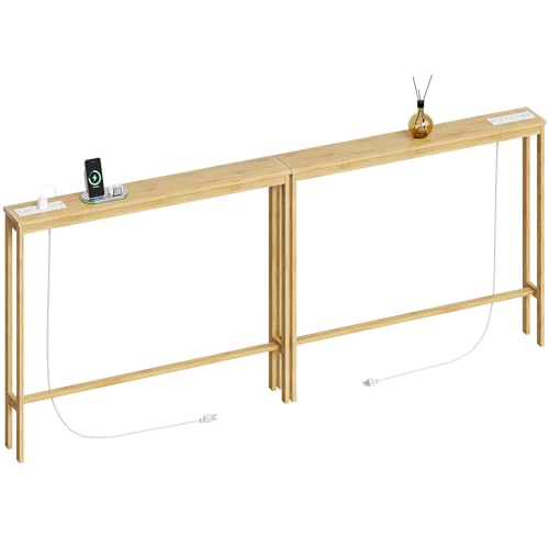 2-Pack Slim Bamboo Console Table with Charging Station, Narrow Sofa Table