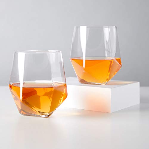 Faceted Viski Seneca Crystal Tumblers Set of 2, 11 oz Lowball Glasses for Whiskey & Cocktails