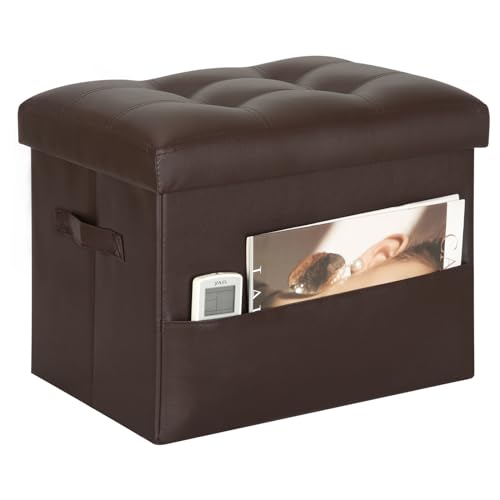 Foldable Faux Leather Storage Ottoman Foot Rest, Brown - 17x13x13in