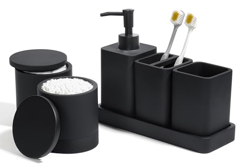 6-Piece Matte Black Bathroom Accessory Set with Soap Dispenser and Tray