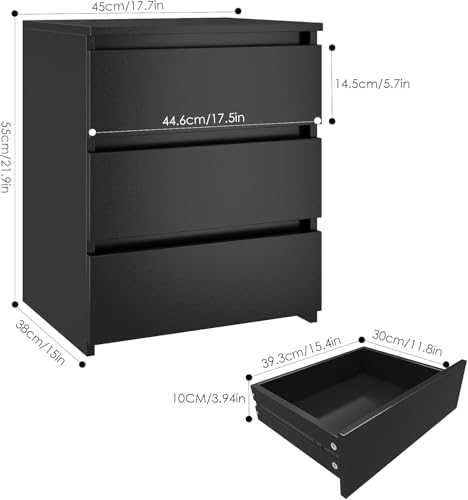 3-Drawer Nightstand Set of 2, Modern Black Bedside Table for Bedroom