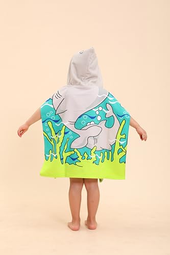 Kids Shark Hooded Beach Towel - Quick Dry Microfiber Poncho Towel Robe