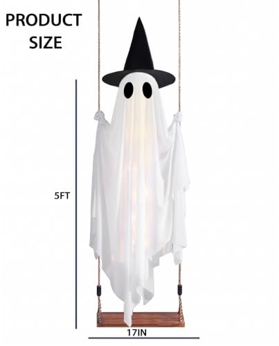 5FT Halloween Swinging Ghost Outdoor Decor with LED Lights and Detachable Witch Hat