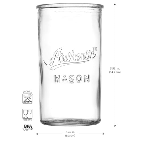 Authentic Glaver's Vintage Mason Drinking Glasses Set of 4 – Clear 18oz Tumblers for Cocktails & More