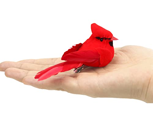 Set of 12 Mini Cardinal Birds Christmas Ornaments for Crafts and Decor - Red Velvet & Feathers
