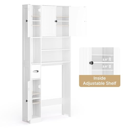 Over Toilet Storage Cabinet with 5 Doors and Adjustable Shelves, White Bathroom Organizer