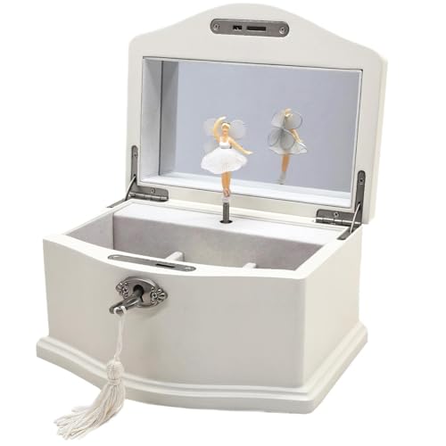 White Wooden Musical Jewelry Box with Spinning Ballerina and Mirror