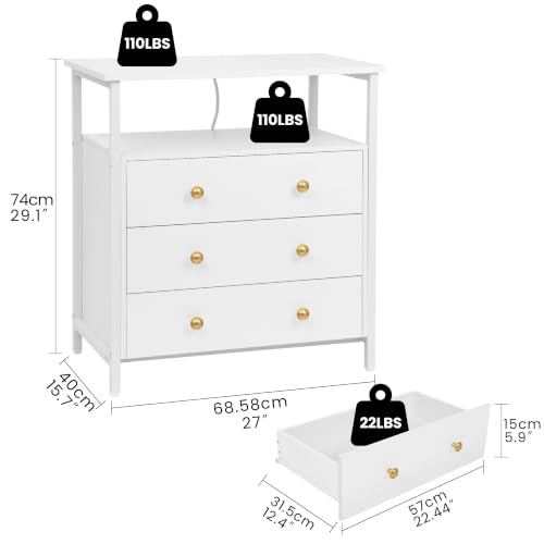27-Inch Wide 3-Drawer Nightstand with Built-in Charging Station, White