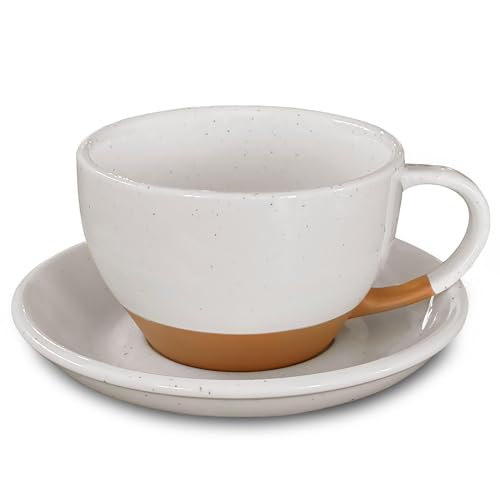 MORA Vanilla White Ceramic Latte Art Mug 10.5 oz with Saucer - Coffee & Cappuccino Cup