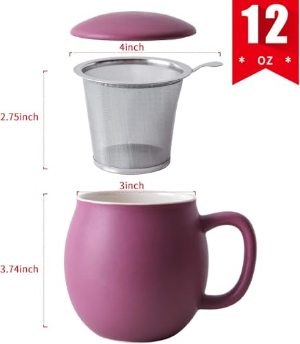 Yundu Matte Purple 12oz Ceramic Teacup with Infuser & Lid – Elegant Tea Mug for Loose Leaf Brewing