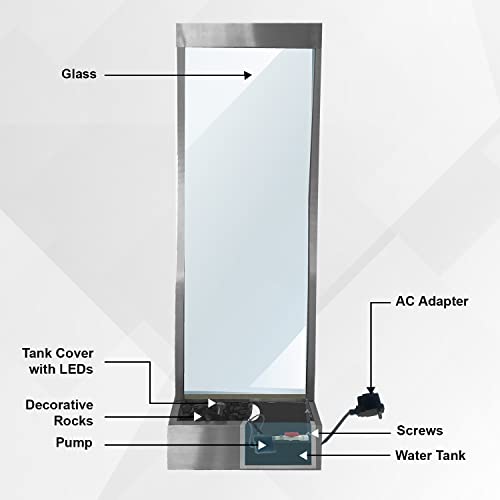 72" Steel and Glass Freestanding Waterfall Fountain with LED Lights