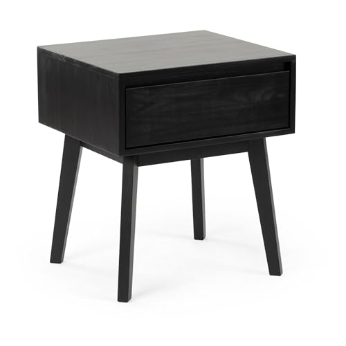 Scandinavian Solid Wood Nightstand with Drawer, Black