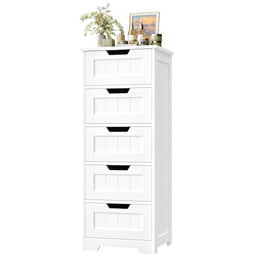 Slim Bathroom Storage Cabinet with 5 Drawers, Tall White Floor Organizer